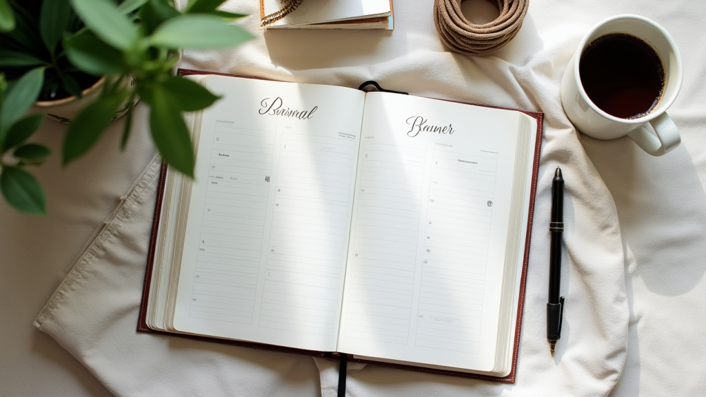 A cozy flat lay of an open devotional planner with a pen, coffee mug, and soft natural light, surrounded by greenery and simple decor